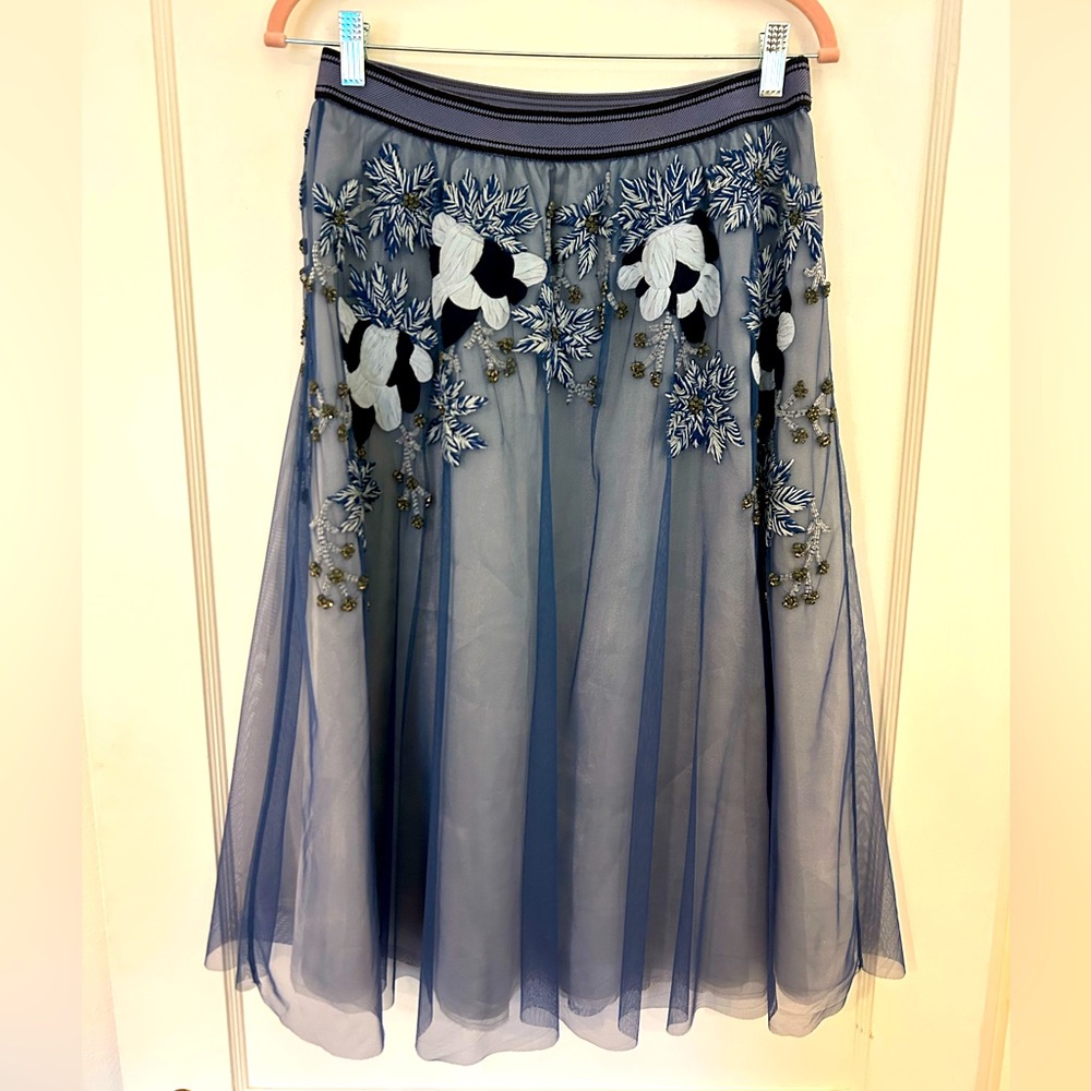 Anthropologie Beaded and Embroidered Tulle Midi Skirt